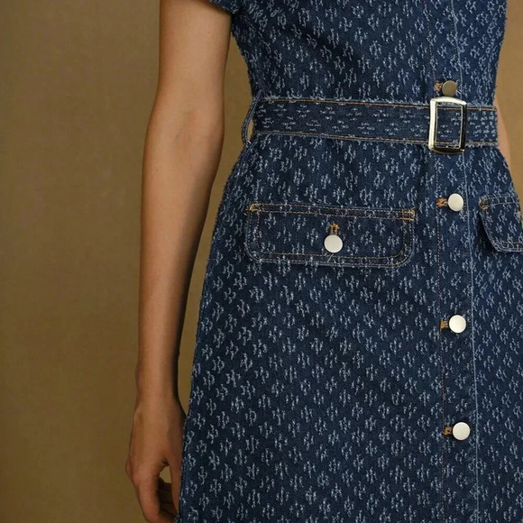 Blue Women's Flap Detail Buckle Belted Swiss Dot Denim Dress - Picture 2 of 8